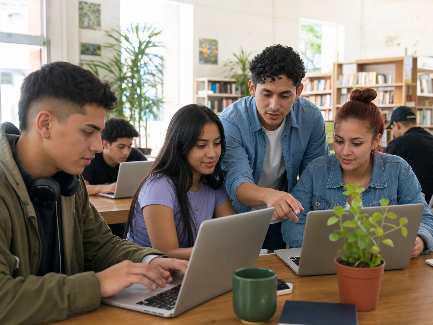 Jóvenes trabajando en un laboratorio ciudadano de habilidades digitales